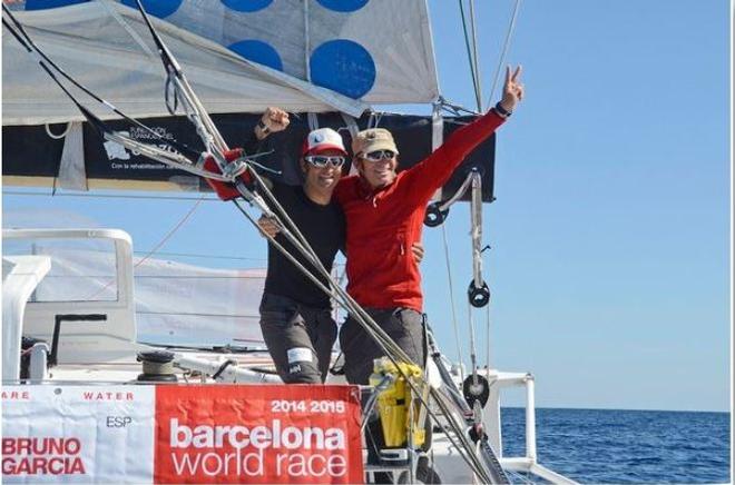 We Are Water - skippers Bruno and Willy Garcia crossing the finish line in fifth place - Barcelona World Race 2015 ©  Mireia Perello